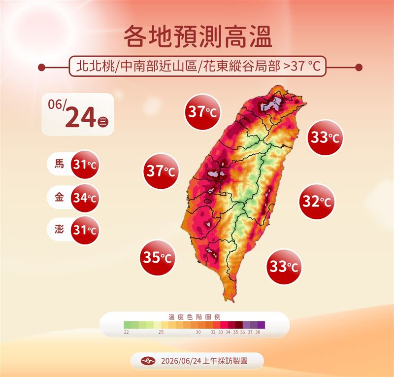 各地高溫預測。（圖／氣象署）