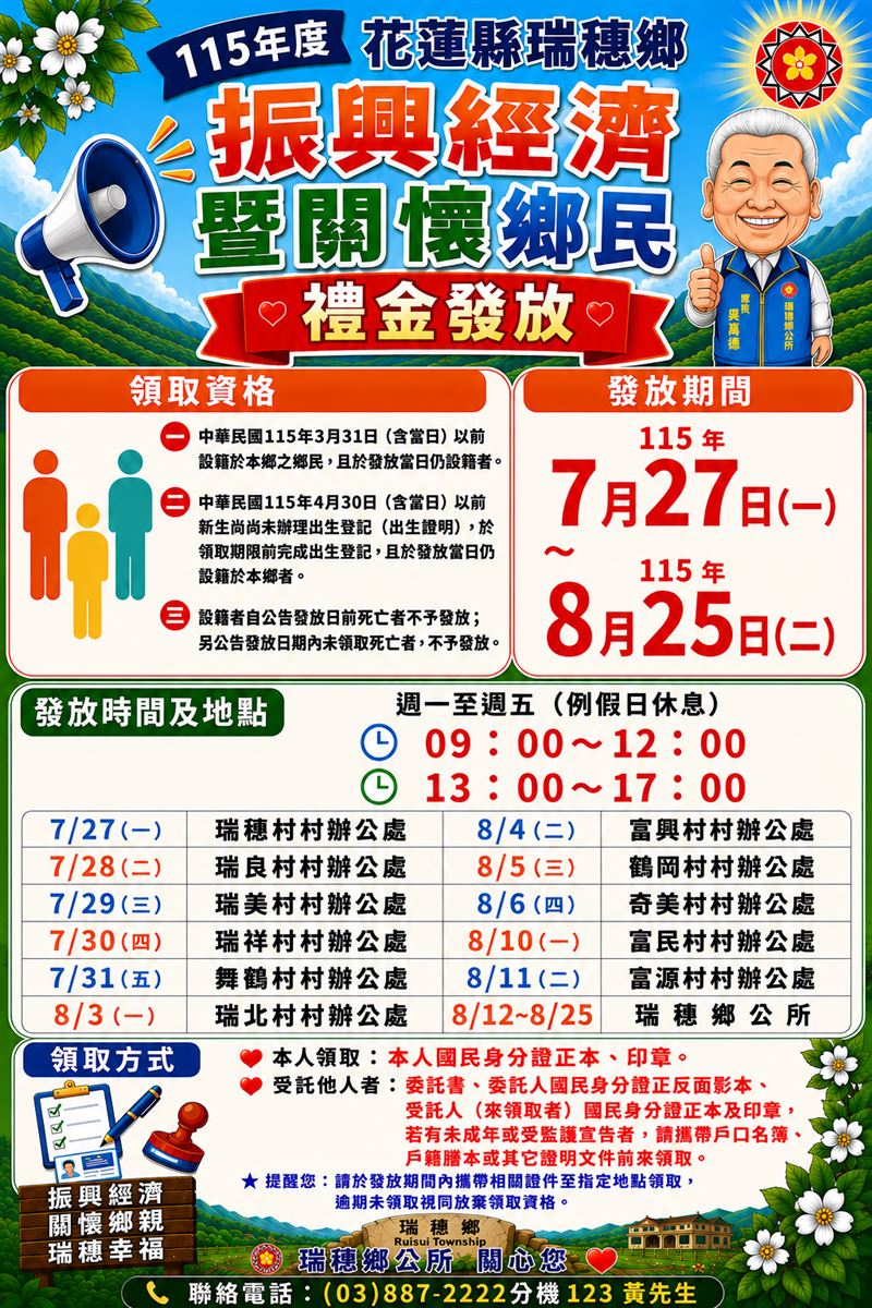 瑞穗鄉公所表示，115年振興經濟暨關懷鄉民禮金發放期間自7月27日起至8月25日止。（圖／花蓮縣瑞穗鄉公所提供）