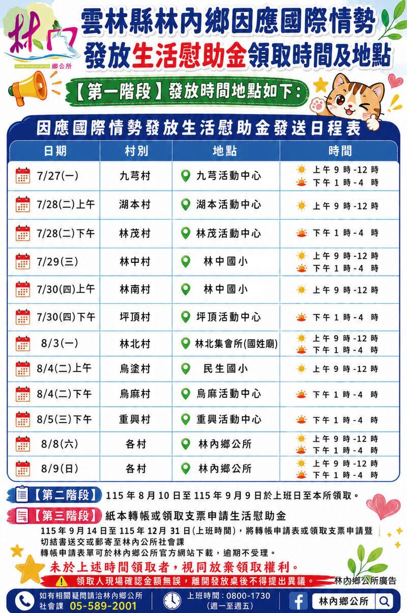雲林縣林內鄉生活慰助金各村發放時間及地點。（圖／林內鄉公所提供）