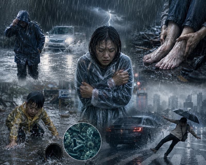 許多人往往忽略了雨天潛藏的健康與安全隱患。（示意圖／AI製圖）