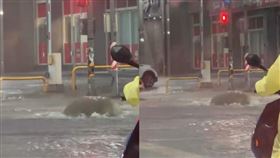 桃園市中壢區普忠路淹水，水溝蓋秒變成「噴泉」。（圖／翻攝Threads@ccl5.12）
