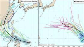 最新(27日20時)美國系集模式(GEFS)模擬圖顯示，關島東方(右圖)及菲律賓東方至南海一帶(左圖)，皆有「熱帶擾動」發展的跡象。（圖／翻攝自洩天機教室官網）
