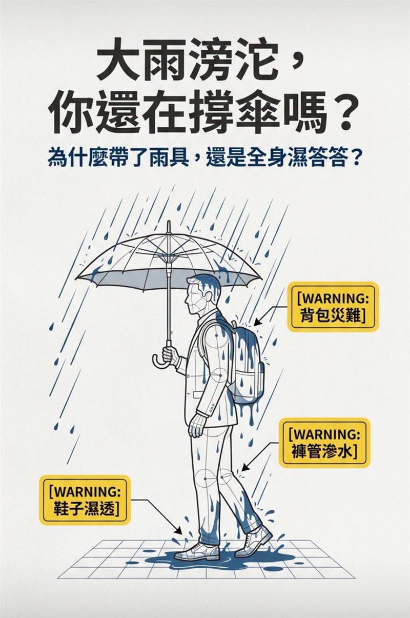 醫師黃軒表示，暴雨來襲時的最佳雨具組合為兩件式雨衣＋雨鞋＋防水背包。（圖／取自黃軒的臉書）