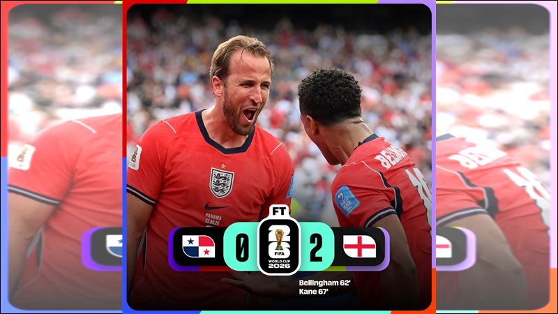 英格蘭隊長凱恩（Harry Kane）成為英格蘭隊史上在世界盃進球最多的球員，英格蘭也以2：0擊敗巴拿馬，以小組第一身分強勢晉級淘汰賽。（圖／翻攝自X平台 @FIFAWorldCup）