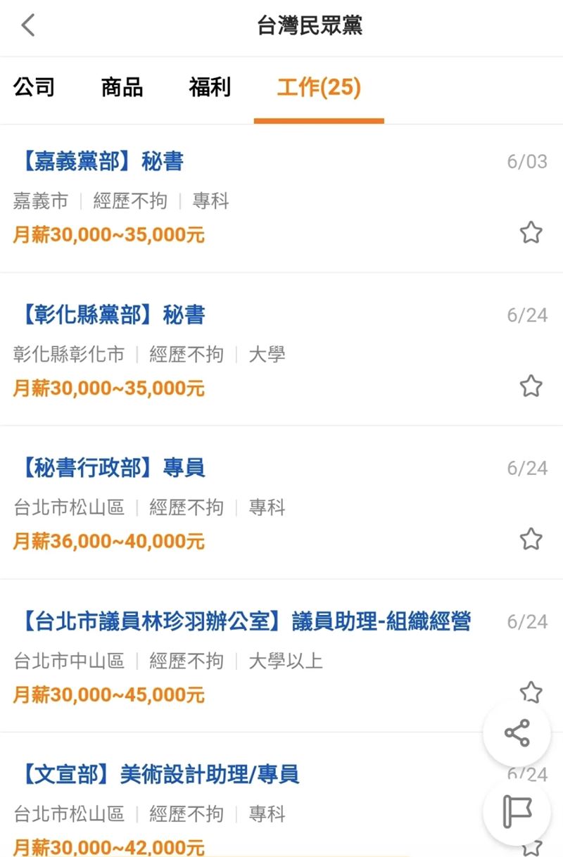 網友貼出求職網站截圖，曝光民眾黨開出的職缺起薪都是3萬。（圖／翻攝自Threads）