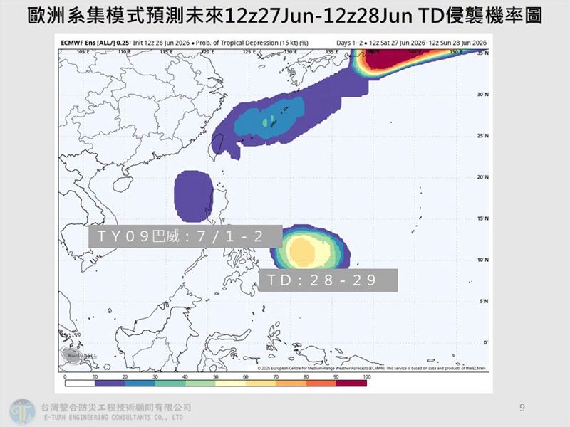 菲律賓東方外海熱帶性低氣壓將在週三、四進入南海，有機會發展為今年第9號颱風「巴威」。（圖／翻攝自賈新興臉書）