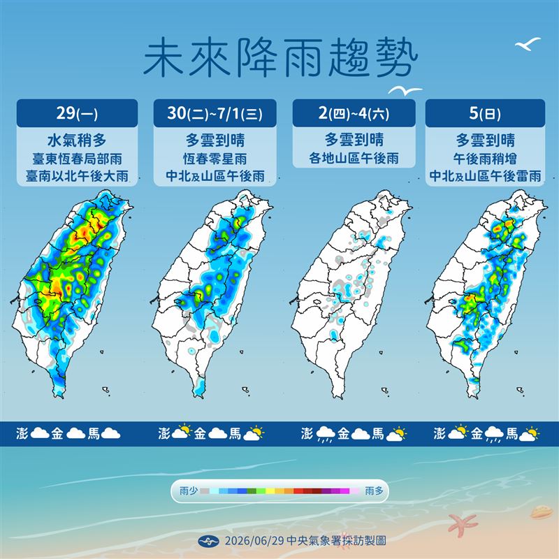 週末低壓北抬，台灣水氣增多。（圖／氣象署）