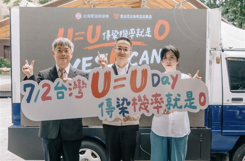 台灣愛滋病學會與愛滋感染者權益促進會今（29）日攜手疾管署，共同舉辦U=U衛教宣導車開跑儀式，為加深民眾對「U=U（Undetectable = Untransmittable，測不到病毒量即不具傳染力）」科學實證的理解。（圖／台灣愛滋病學會提供）
