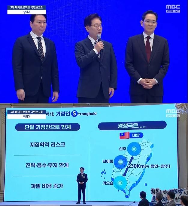 韓國政府計畫將京畿道龍仁市至光州市的連結，規劃為韓國的半導體第二聚落，其地理跨度約230公里，與台灣從新竹、台中延伸至高雄的園區距離相當。（圖／MBC NEWS YouTube）