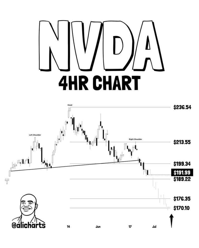 知名鏈上分析師馬丁尼茲（Ali Martinez）於週一（29日）在X平台發文，確認輝達（Nvidia）已跌破看跌突破（bearish breakout），並據此將其目標價定於170美元。（圖／翻攝自X平台 @alicharts）