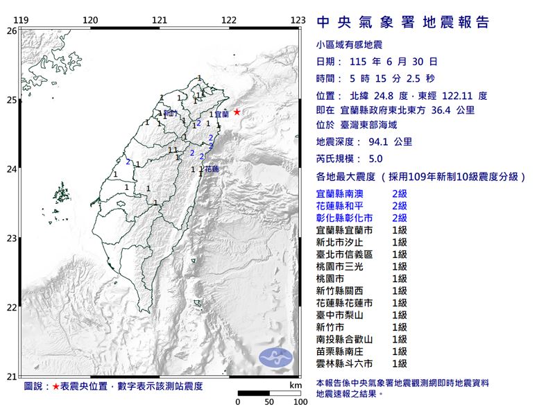 30日清晨5點15分，發生芮氏規模5.0有感地震。（圖／中央氣象署）