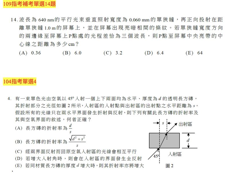 分科測驗物理科「波動與光」題目參考。（圖／「Good全名師教學團隊」物理老師黃君提供）
