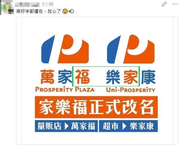 把「萬家福」和「樂家康」2個名字招牌擺在一起，從後面倒著念回來，仍找得到「家樂福」的字樣。（圖／翻攝自Threads）