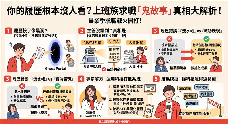投了百封履歷卻如石沈大海？別再以為履歷是寫給主管看的！事實是，你得先過人資與AI篩選這兩道鬼門關。HR平均只花幾十秒審閱，唯有透過數據化戰功與精準關鍵字佈局，才能在系統海選中勝出。善用AI優化「自我行銷企劃書」，才是擠進面試窄門的唯一捷徑。（AI製圖）