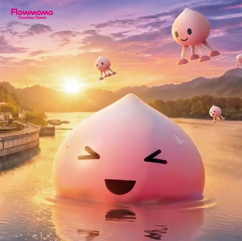主題角色「Flowmomo」，以拉拉山水蜜桃為造型概念，底部特別配備標誌性的飛機起落架，陪伴民眾發掘生活中的美感與創意。（圖／桃園市政府提供）