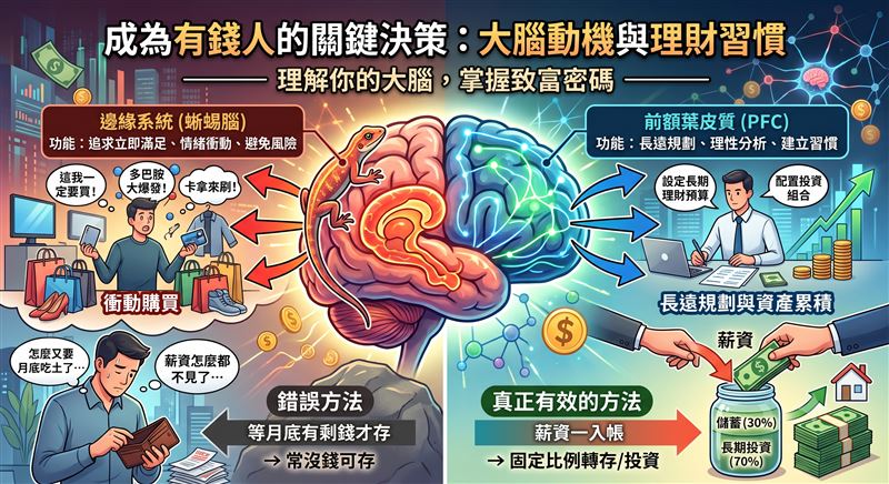 有錢人都先打敗蜥蜴腦!美國史丹佛大學福格博士曝光3行為關鍵「動機、能力、提示」,教你存款一路往上飆。(圖/AI Gemini製作)
