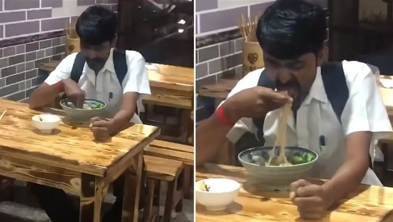 多年前印度人「手吃拉麵」的影片在近期被翻出，引起多國民眾熱議。（圖／翻攝自X）