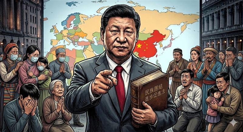 中國將在7月1日起生效《民族團結進步促進法》，其誇張內容引發全球撻伐，更被定義成全球首部「跨國鎮壓」惡法。（圖／Gemini製圖）