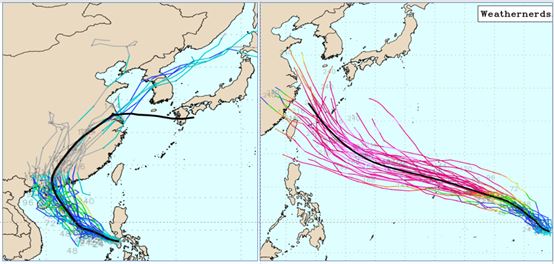 最新美國系集模式模擬圖顯示，關島東方（右）及南海一帶（左），各有「熱帶擾動」發展的跡象。（圖／翻攝自weathernerds）