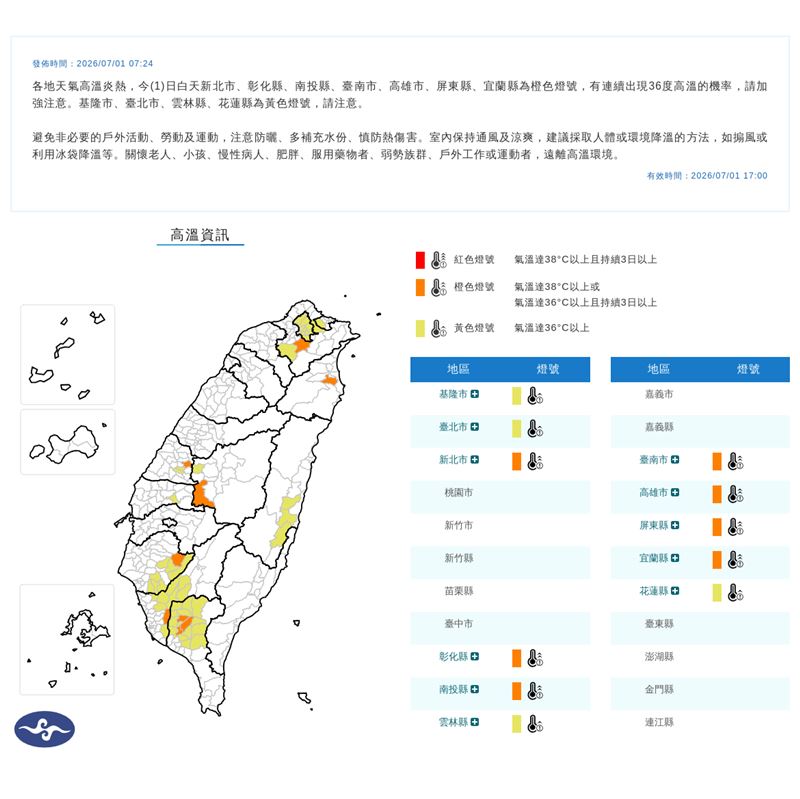 中央氣象署針對11縣市發布高溫特報。（圖／翻攝自中央氣象署）