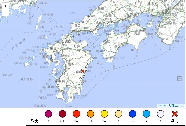 日本宮崎一早連續發生兩起地震，圖為規模3.1地震。（圖／翻攝自日本氣象廳）