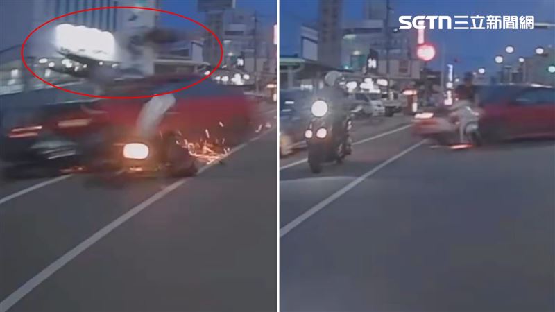 前車行車記錄器畫面曝光,2名騎士遭撞飛,雙腳離地、騰空翻滾數圈呈現大字型重摔落地成屍。(圖/翻攝自Threads @rednight_ken)
