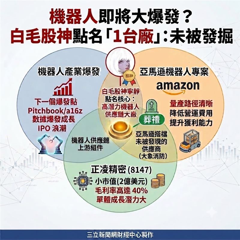 台灣電子連接器大廠正凌精密（8147）獲「白毛股神」Serenity點名，有望透過打入自亞馬遜(Amazon)的機器人供應鏈受惠，以38%至40%的高毛利率，迎來營收大幅成長。（圖／三立新聞網AI製圖）