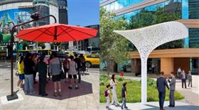 西門町遮陽傘啟用（左），被拿來對比北市都發局規劃在信義區設置的遮陽設備（右，為模擬圖）（組合圖／北市新工處提供、北市都發局提供）