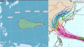 中央氣象署路徑潛勢預測圖顯示，關島東方的熱帶低壓，今將發展成輕颱，向西北西前進，7日2時行至琉球東南方遠海（左）。歐洲系集模式模擬圖顯示，5天之後持續向西北  西、逼近台灣東側海面，路徑的不確定性逐漸擴大。(圖／擷自weathernerds)