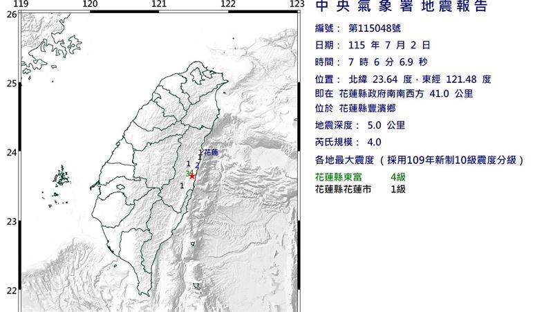 新/花蓮07:06「4.0地震」 最大震度4級