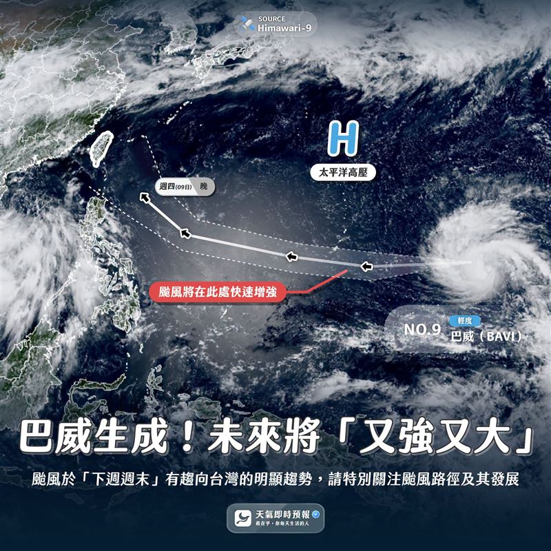 「天氣即時預報」今（2）天午間貼圖發文指出，巴威生成！未來將「又強又大」。（圖／翻攝自天氣即時預報臉書）