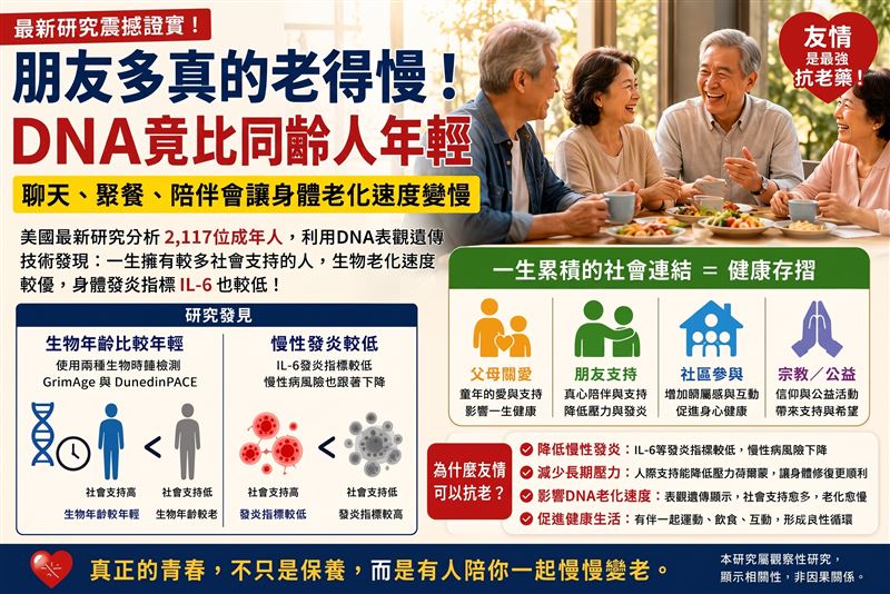 潘俊亨醫師曝光《Brain, Behavior, &amp; Immunity&ndash;Health》研究證實：朋友越多老得越慢，DNA比同齡人更年輕，身體比較不會發炎。（圖／Gemini製作）