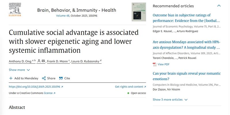 潘俊亨醫師曝光《Brain, Behavior, &amp; Immunity&ndash;Health》研究證實：朋友越多老得越慢，DNA比同齡人更年輕，身體比較不會發炎。（圖／翻攝自sciencedirect）