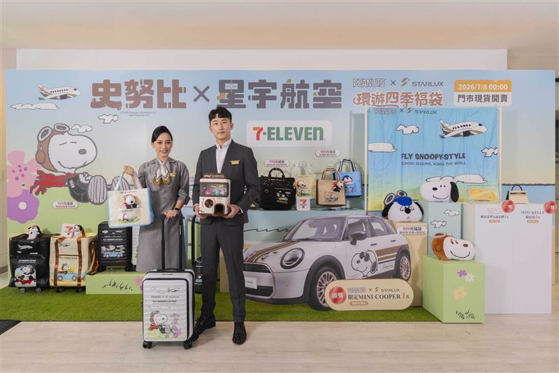 慶7-ELEVEN Day！首次攜手星宇航空推出史努比限定聯名福袋 抽百萬塗裝名車、機票金磚、精品包，跟著史努比機長一起出遊。（圖／品牌業者提供）