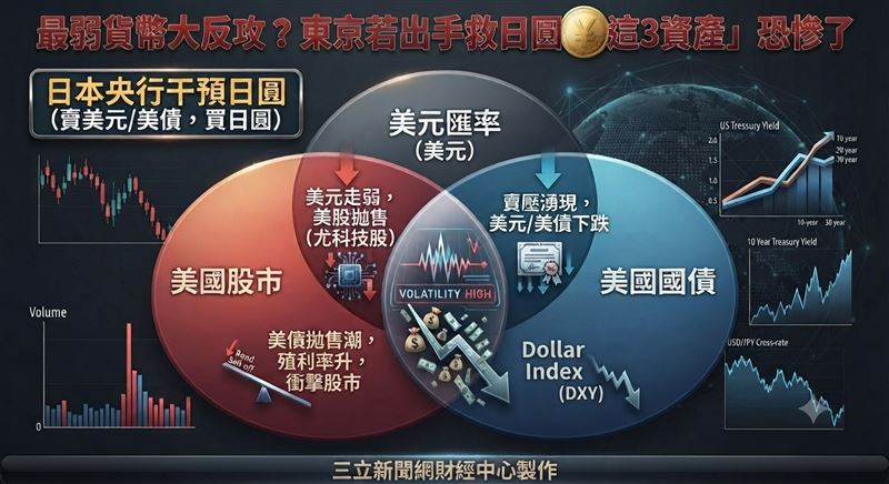 日圓匯價屢創40年新低，市場預期日本政府可能7月3日出手干預，甚至引爆美債、美元與美股的沉重賣壓。（圖／AI製圖）