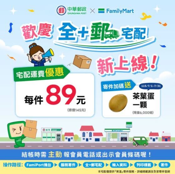 物流強強聯手!中華郵政攜手全家!推出「全+郵宅配」24小時寄件89元超方便!(圖/翻攝自中華郵政臉書)
