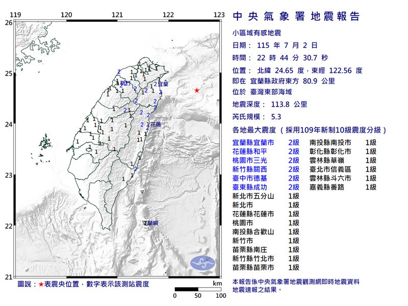 2日晚間10時44分宜蘭外海發生規模5.3地震。(圖/氣象署)