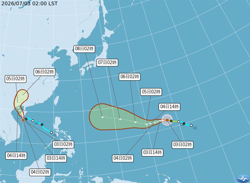 巴威、梅莎相繼生成,最新路徑預測。(圖/中央氣象署)