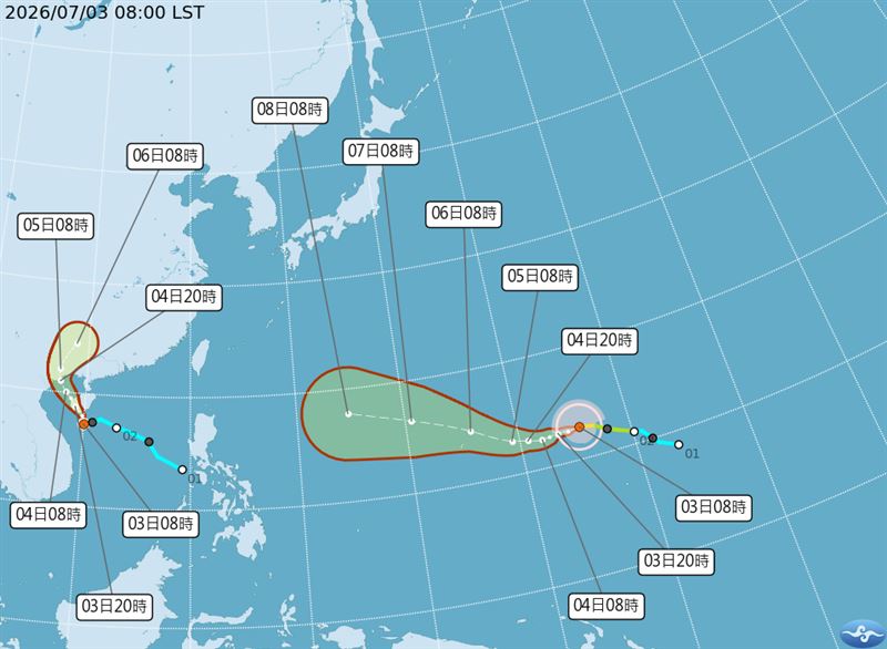 中颱巴威及輕颱梅莎的預測路徑。(圖/中央氣象署)