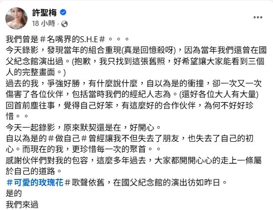 許聖梅正式宣告破冰,還首度公開認錯。(圖/翻攝自臉書)