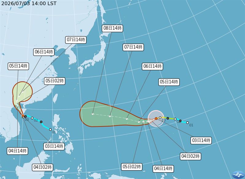 巴威颱風持續西行並快速增強,預估下週後半接近沖繩,路徑可能影響先島群島至台灣一帶。(圖/中央氣象署)
