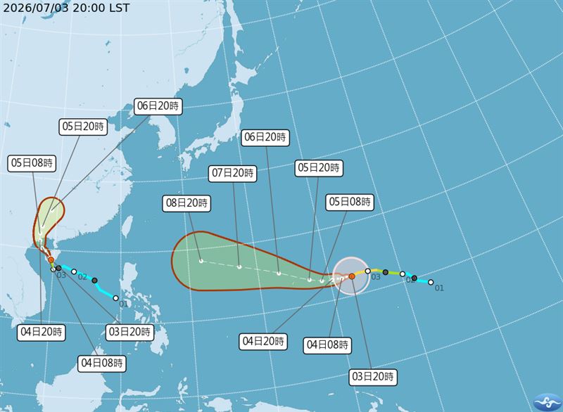 今日晚間巴威颱風升級為強颱,預計持續向西移動。(圖/氣象署)