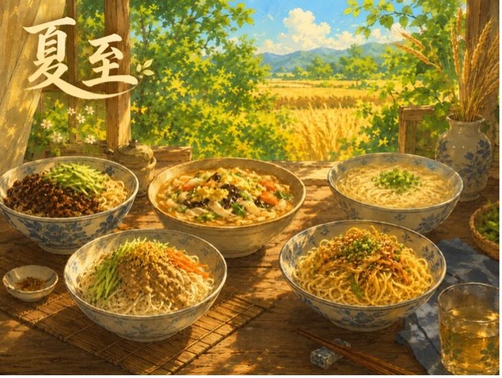 夏至吃麵不只是節令飲食,更承載感謝土地、珍惜糧食與祈願生活長久順遂的心意。(圖/ai製圖)
