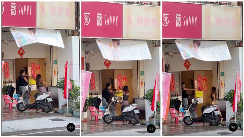 直擊/細肩帶低胸小姐起身開戰!阿公店外爭「峰」相對,10秒片掀網熱議。(圖/翻攝自Threads @sechongx)