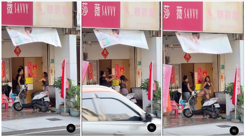 直擊/細肩帶低胸小姐起身開戰!阿公店外爭「峰」相對,10秒片掀網熱議。(圖/翻攝自Threads @sechongx)