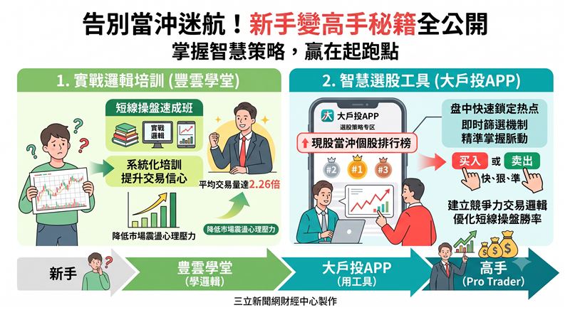 台股波動加劇,當沖市場年輕勢力崛起!永豐金證券統計顯示,20歲以下族群當沖動能逆勢攀升。為協助新手建立交易邏輯,券商透過結構化課程將學員交易量拉升至2.26倍,並藉由大戶投APP的智慧選股工具,協助投資人在高頻市場中精準抓取獲利機會。(AI製圖)