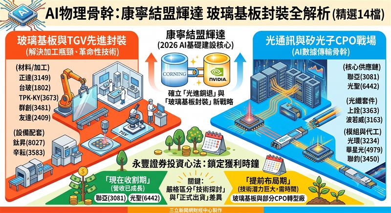 康寧攜手輝達推動玻璃基板與光通訊技術,AI物理骨幹規格重組,台股供應鏈正式進入價值重估戰場。投資人需釐清營收動能,從正達、聯亞等潛力指標中,精準捕捉「真商機」與「純題材」的獲利時間差。(AI製圖)