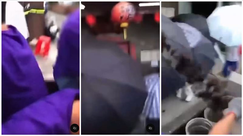 5日傍晚6時許,玄濟宮又遭人潑糞,這次開小貨車載了10桶,所有人身上還疑似穿著紫色團服。(圖/翻攝自Threads @xvlvlvx_)