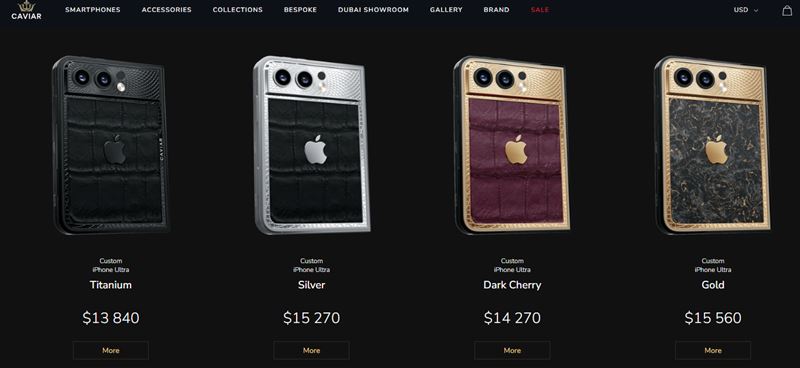 Caviar這次一口氣推出4款客製版iPhone Ultra,分別是深櫻桃、鈦黑、銀與金,訂價落在13,840美元至15,560美元之間(約合新台幣44.2萬元至49.7萬元),每款皆為全球限量19台的稀有規格。(圖/翻攝自Caviar網站)