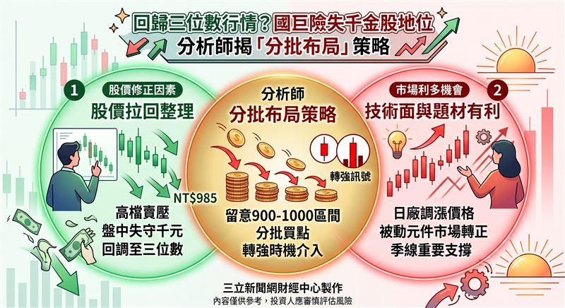 台股昨日開高後賣壓逐步出籠，被動元件龍頭廠國巨（2327）盤中一度跌破千元大關，最低來到985元，拖累族群同步走弱；大毅（2478）、信昌電（6173）與金山電（8042）更亮燈跌停，整體表現明顯疲弱。（圖／AI製圖）